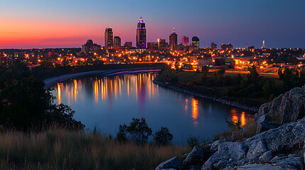 Fototapeta premium City skyline reflected in river at sunset.