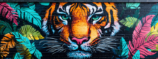 Close-up of a colorful tiger mural painted on a brick wall with tropical leaves.
