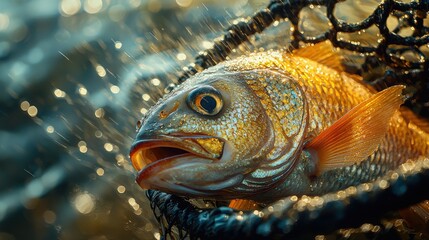 Fototapeta premium A close-up of a glistening fish caught in a net during early morning fishing