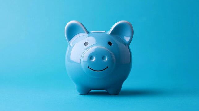 Smiling blue piggy bank on a blue background, symbolizing savings