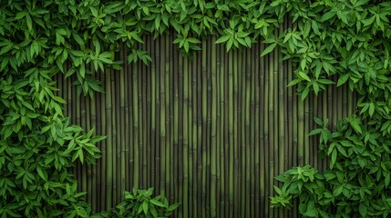 Lush green foliage surrounds bamboo wall design in tranquil garden setting