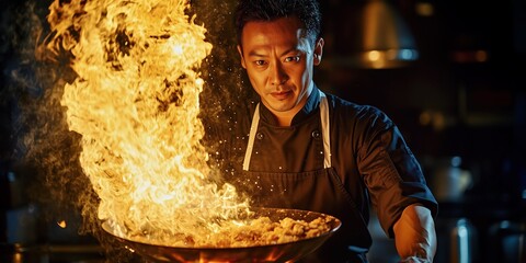 hef surrounded by dramatic flames, emphasizing focus and culinary passion in a vibrant kitchen scene
