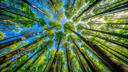 Tall trees stretch towards the sky, their leaves a vibrant green and rustling in the gentle breeze, nature, wildlife habitat, leaves rustling, outdoors