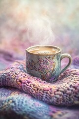 A steaming cup of coffee on a cozy knitted blanket in soft colors