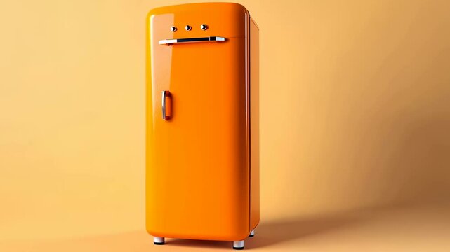 Vintage orange fridge old-fashioned refrigerator in a bright orange space. 3D design.