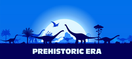 Dinosaurs silhouettes on sunset landscape in Jurassic jungle park forest, vector background. Prehistoric era landscape with T-rex tyrannosaurus lizard, brontosaurus and pterodactyl bird silhouette © Vector Tradition