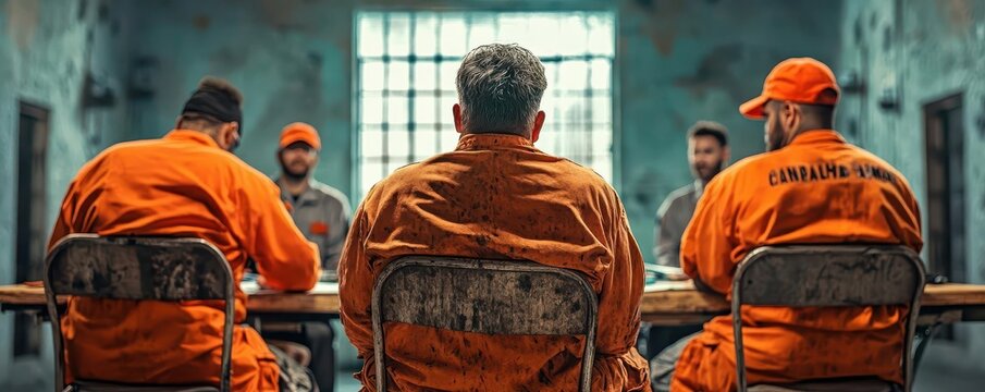 Three men in orange jumpsuits sit at a table in a prison setting.