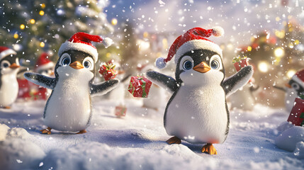 Fototapeta premium Сute baby child penguin with red christmas hat with fur and pompom in cartoon style. holiday illustration or xmas background.