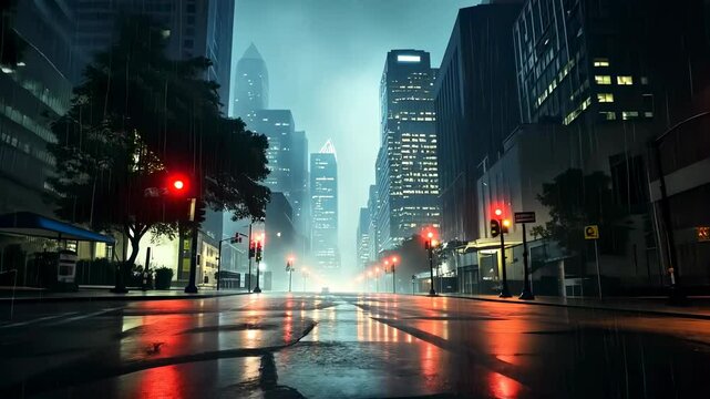 An empty night city street during heavy rain. City lights, red traffic lights and a reflective wet road. 