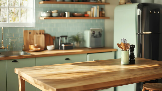 Sunlit modern farmhouse kitchen with mint green cabinets and wooden accents