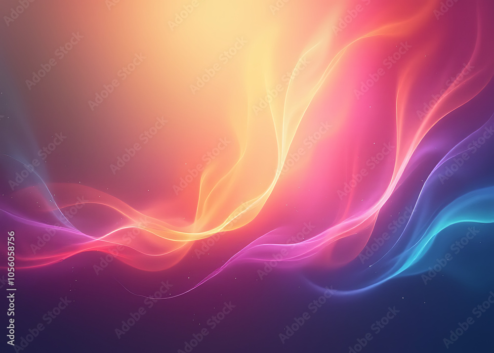 Poster vibrant colors dance in swirling light patterns across a subtle abstract background.