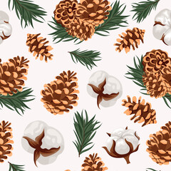 seamless pattern with different cones of conifers and various cotton flowers and fir branches on a white background, for Christmas wrapping, cards or decorations