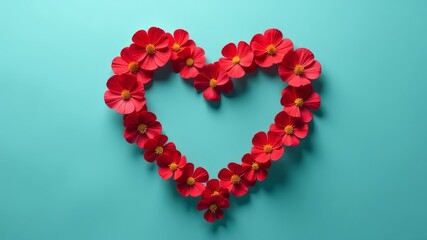 Heart of red flowers isolated on blue background
