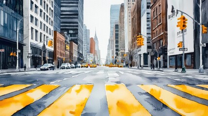 city street scene with yellow crosswalks, tall buildings and a bustling urban environment, watercolor style.
