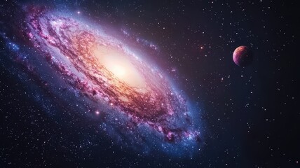 Obraz premium a spiral galaxy with surrounded by stars and a nearby planet, the beauty of the universe.
