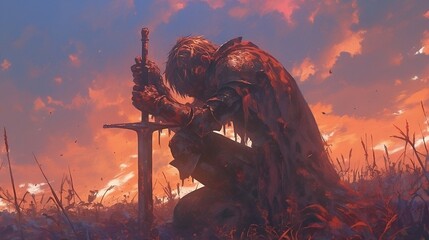 fantasy knight mourns with sword