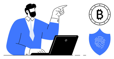Businessman in a blue suit pointing at bitcoin and fingerprint shield icons near his laptop. Ideal for finance, cryptocurrency, technology, security, digital transactions, financial advice