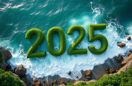 Waves crashing around large green numbers representing the year 2025.