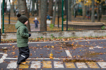 A little boy of 5 years old crosses the street at a pedestrian crossing. Traffic Laws. Be...