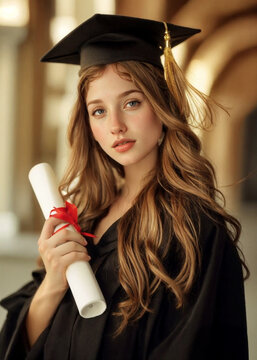 Young graduate in gown and cap holding diploma with pride, celebrating her academic achievement