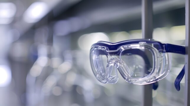 A closeup of a safety goggles hanging on a hook reminding researchers to prioritize safety.