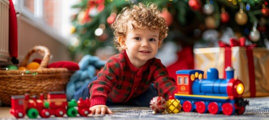 Adorable curly haired boy joyfully engages with a magical toy train by the christmas tree