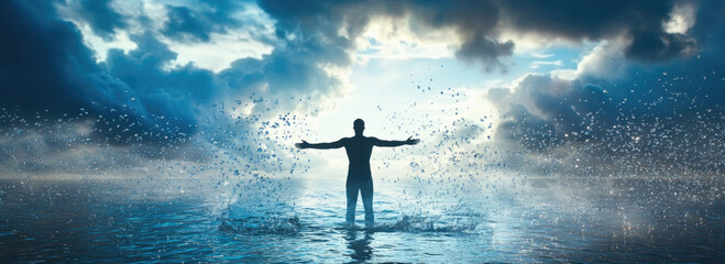 Baptism: Rebirth in Spirit and Faith. A silhouette immersed in the water, arms open wide, illuminated by divine light breaking through stormy clouds.