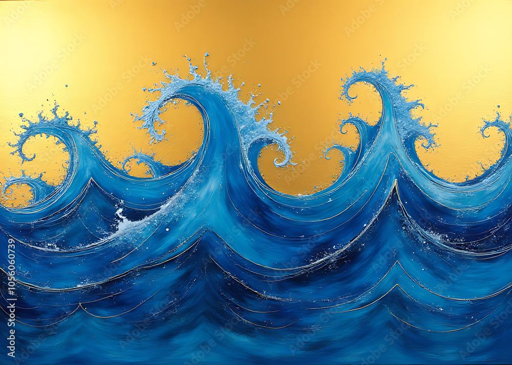 Poster Vibrant blue waves blend with abstract lines on a gold background creating a unique visual effect.