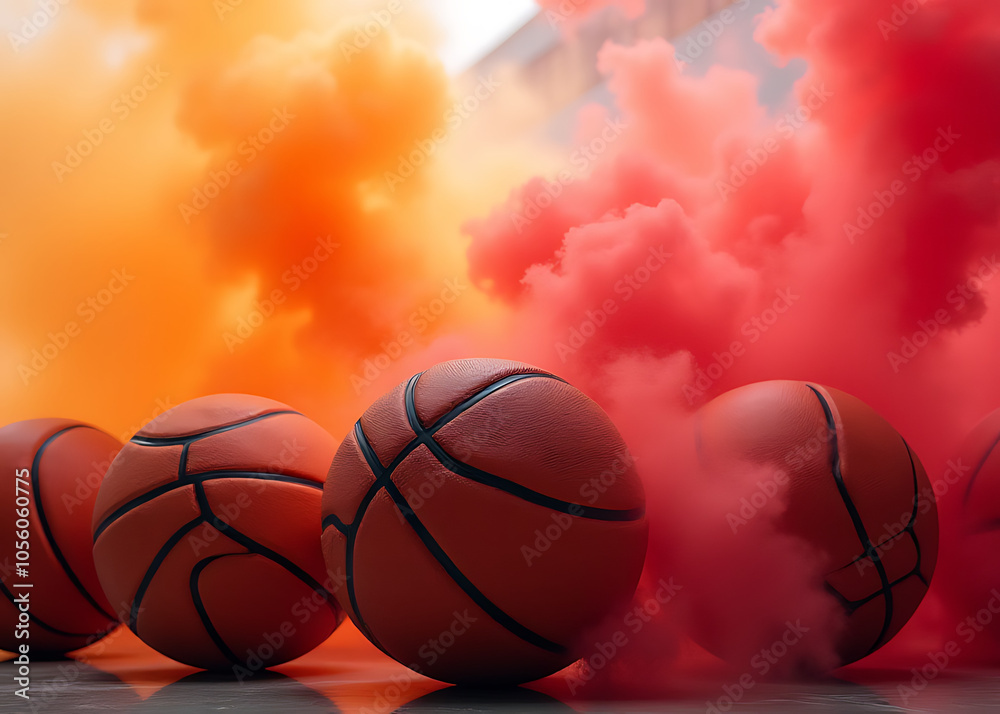 Aufkleber Vibrant basketballs against a swirling color of smoke fills the frame with dynamic energy and visual interest.