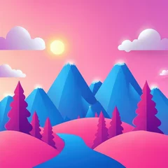Fotobehang Colorful mountain landscape at sunset with a winding river and trees © BrandwayArt