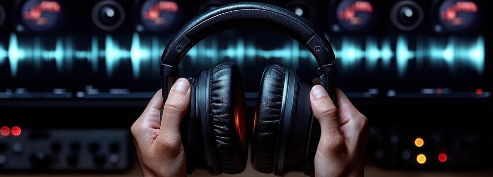 Hands holding headphones in a sound studio with audio waveforms displayed behind