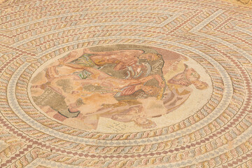 Paphos district, Cyprus - 9 November 2023: Mosaic at Palaipaphos (Old Paphos), one of the most celebrated pilgrimage centres of the ancient Greek world with the sanctuary of Aphrodite, Kouklia