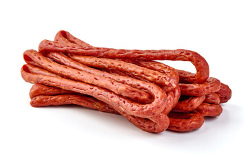 Kabanos thin dry sausage, snacks for beer, isolated on the white background.