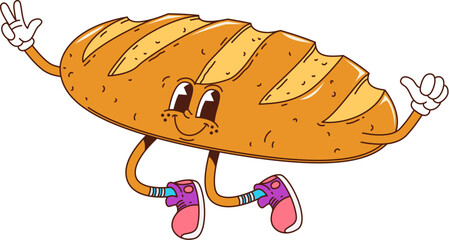 Cartoon groovy bakery, bread and pastry character happily jumping, displaying a peace sign with its hands. Isolated vector cheerful loaf retro personage with playful and smiling face, wearing sneakers