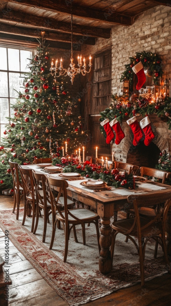Poster a large christmas tree is surrounded by a table with many chairs and a fireplace