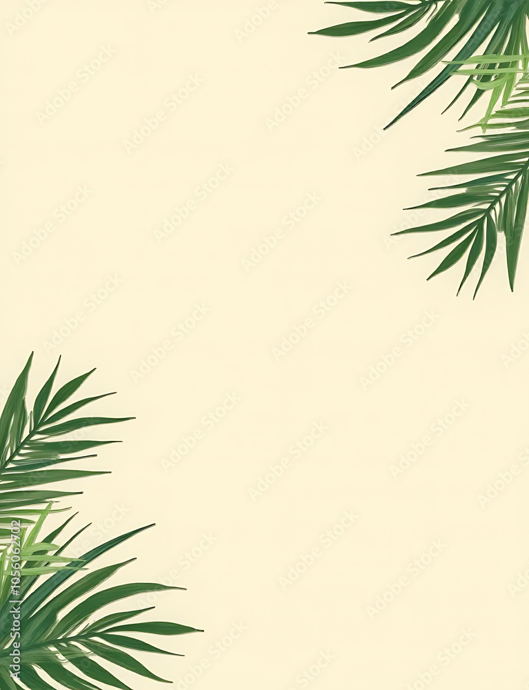 Poster tropical palm leaves on beige background, minimalist design elements with a blank space for text to 