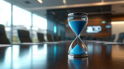 Glass hourglass with blue sand on a sleek wooden table in a corporate meeting room. Symbol of time tracking and efficiency.