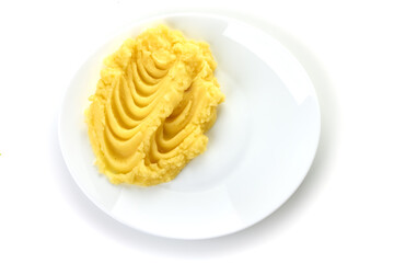 Mashed potato in bowl, isolated on white background.