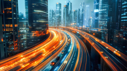 Obraz premium Dynamic urban flow captivating light trails through a modern cityscape at nighttime