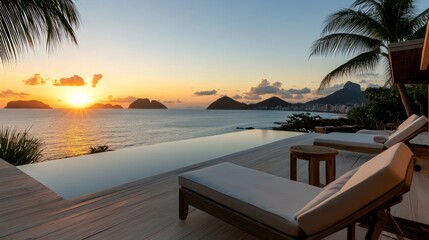 a luxurious lounge at the seaside in south america at sunset