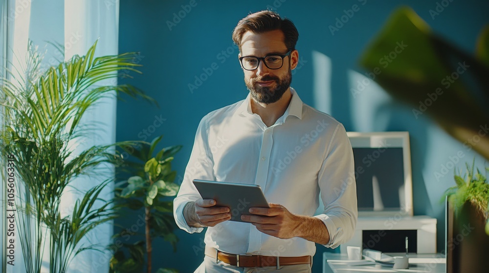 Poster A man in formal attire stands in a contemporary office, engaging with a tablet while surrounded by greenery and bright natural light entering through large windows.