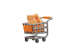 3D Shopping cart and cardboard box icon, Fast delivery concept from online store, logistics package delivery, Cargo box icon on shopping cart 3d render icon illustration