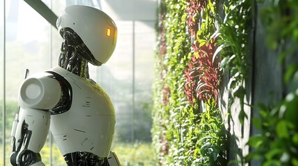 Autonomous farming robots tending to vertical gardens.