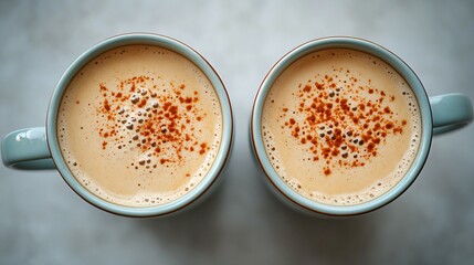 A top-down view of Indian herbal Masala Chai, a traditional beverage made with milk and spices, perfect for boosting immunity during winter, presented in two cups