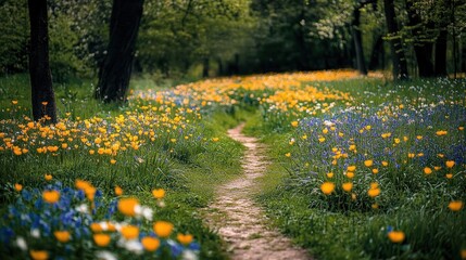 Obraz premium A winding path through a field of yellow and blue wildflowers.