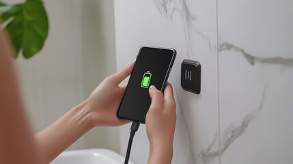  Hand holding phone charging with green battery icon
