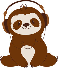 Adorable cartoon illustration of a smiling sloth wearing headphones, enjoying music in a relaxed sitting position, on a white background. © Javvani