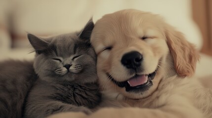 Adorable dog and cat cuddling together, sleeping peacefully