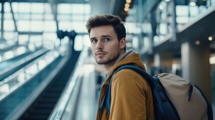 Young man in a brown jacket ponders at a busy airport terminal