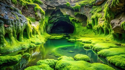 Thick layer of green algae covered in viscous slime oozes from a submerged cave, biological, science